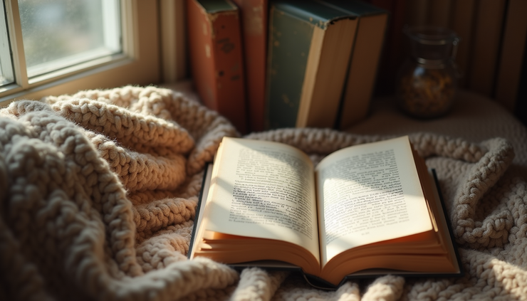 High angle view of a cozy reading nook with a stack of indie books and a warm blanket