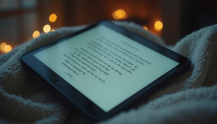 Close-up view of a digital tablet displaying fanfiction text with a romantic scene between two characters