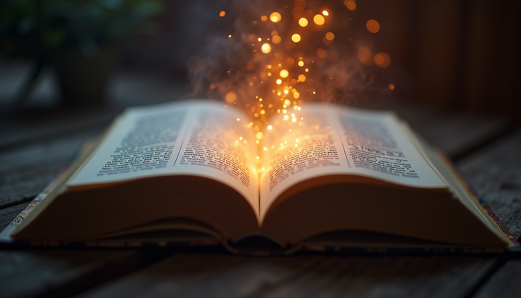 Eye-level view of an open fantasy book with glowing magical symbols floating above the pages