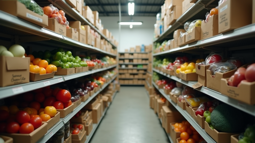 Eye-level view of a community food pantry with shelves stocked with fresh produce