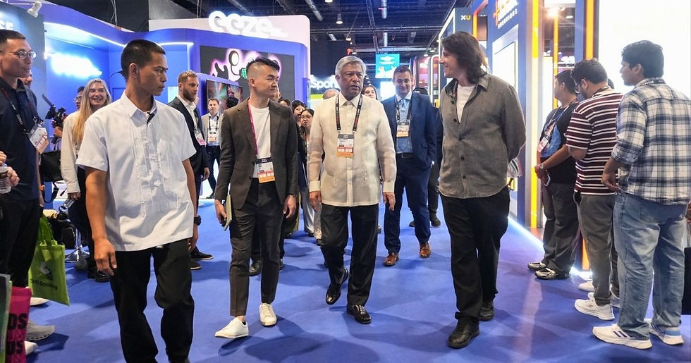 Alejandro H. Tengco joins Eman Pulis (right) and Neil Shih (second from left) during a tour of the exhibition area at the SiGMA Asia Summit 2026 at the SMX Convention Center in Pasay City.