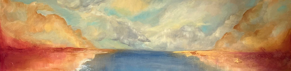 Before the Storm, acrylic painting of a coastal scene in blue and red with clouds gathering at the horizon