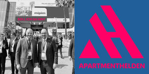 Links zeigt das Bild den Eingang des Palais des Festivals in Cannes während der MIPIM. Über dem Eingang hängen große Banner mit dem MIPIM-Logo. Im Vordergrund stehen mehrere Personen in Businesskleidung auf dem Vorplatz, viele tragen Konferenz-Badges um den Hals. Auf einem Banner über dem Eingang steht der Schriftzug „SOLL ICH DA HIN?“. Rechts befindet sich das Logo der APARTMENTHELDEN auf blauem Hintergrund: ein stilisiertes, pinkes A mit dem Schriftzug „APARTMENTHELDEN“ darunter.