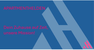 Grafik mit blauem Hintergrund, dem APARTMENTHELDEN-Logo und dem Schriftzug „APARTMENTHELDEN – Dein Zuhause auf Zeit, unsere Mission!“ in pinker Schrift.
