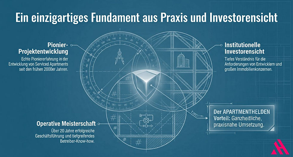 Visualisierung des ganzheitlichen Beratungsansatzes der APARTMENTHELDEN mit Fokus auf Pionier-Projektentwicklung, institutionelle Investorensicht, operative Meisterschaft und Betreiber-Know-how bei Serviced Apartments.