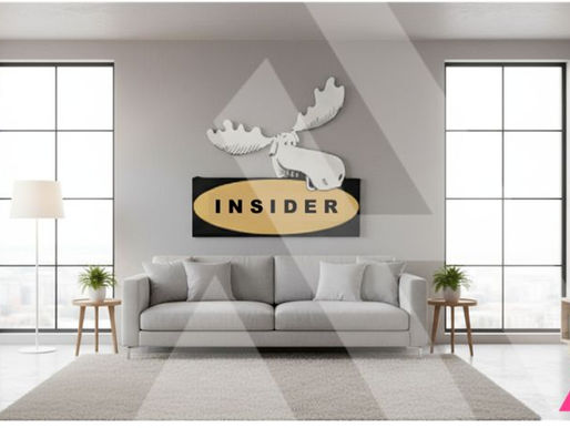 Modern eingerichtetes Wohnzimmer mit grauem Sofa und Wanddekoration âINSIDERâ â Symbolbild fĂŒr Einblicke in den Immobilienmarkt.