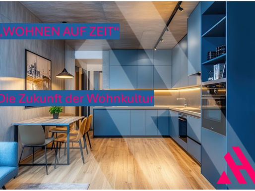 Modernes, voll möbliertes Serviced Apartment mit offener Küche in Blautönen, Essbereich und warmem Holzfußboden. Überlagert mit dem Titel „Wohnen auf Zeit“ und dem Untertitel „Die Zukunft der Wohnkultur“. APARTMENTHELDEN-Logo unten rechts.