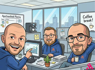 Comicillustration eines Büros: Drei Personen sitzen an Schreibtischen mit Computern, Diagrammen und Kaffeetassen. Im Hintergrund eine Stadtansicht, ein Whiteboard mit Notizen und der Schriftzug „Coffee break“.