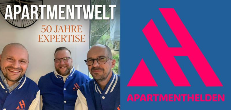 Ein geteilter Banner: Links drei lächelnde Männer (das Team der APARTMENTHELDEN) in blauen College-Jacken mit dem Text „APARTWELT – 50 JAHRE EXPERTISE“. Rechts das große pinke Logo auf blauem Grund mit dem Schriftzug „APARTMENTHELDEN“.