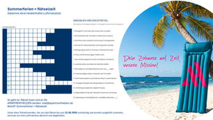 Sommerferien-Rätsel mit Immobilien-Kreuzworträtsel, Strand und Palme; türkis-pinke Luftmatratze, Text: Dein Zuhause auf Zeit.