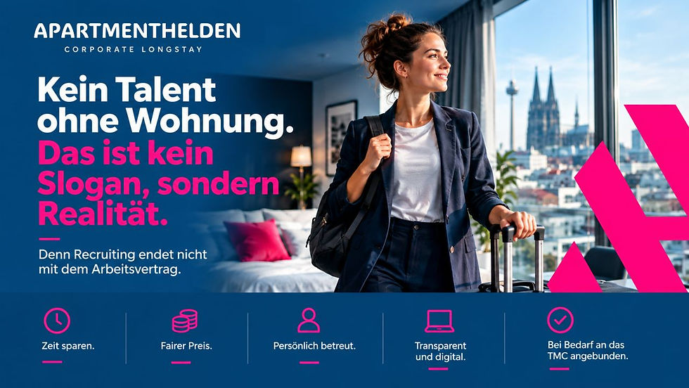 Frau mit Koffer im Hotelzimmer vor Kölner Dom; Werbetext: Kein Talent ohne Wohnung. Apartmenthelden, Corporate Longstay.