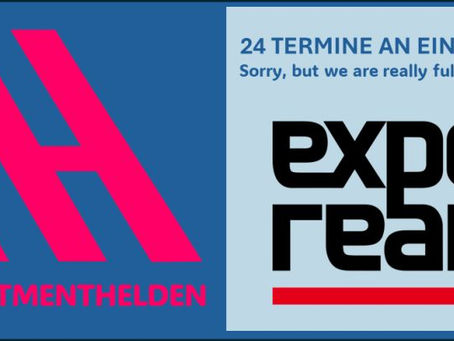 Ein Bild, das in zwei Hälften geteilt ist. Links auf dunkelblauem Grund das pinke Logo der APARTMENTHELDEN. Rechts auf hellblauem Grund steht der Text "24 TERMINE AN EINEM TAG. Sorry, but we are really fully booked!" über dem Logo der Messe EXPO REAL.