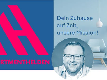 Visuelles Banner der APARTMENTHELDEN: Links das Logo (pinkes "AH" auf blauem Grund), rechts der Slogan "Dein Zuhause auf Zeit, unsere Mission!" vor einer stilisierten Wohnszene. Mittig ein Porträtfoto von Robert Lorenz-Pedersen.