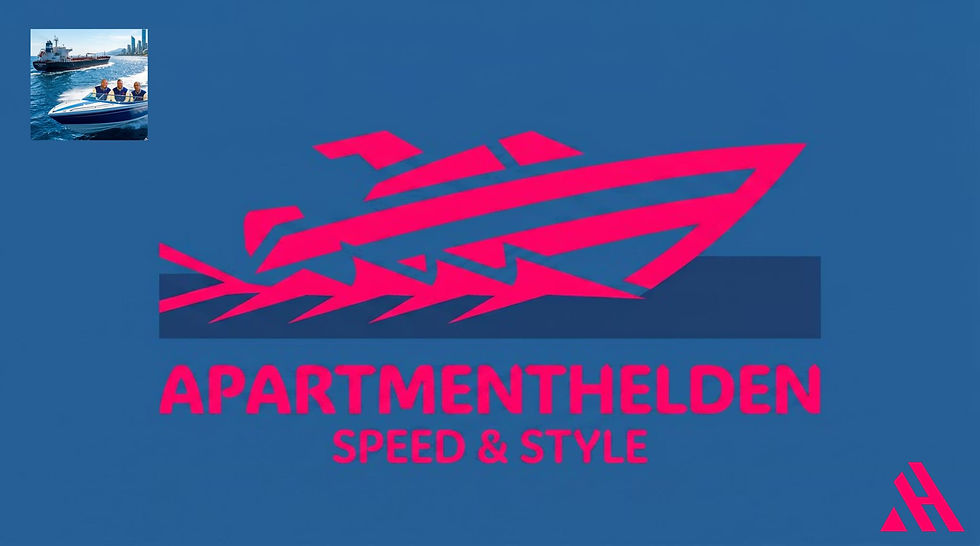 Grafik der APARTMENTHELDEN mit einer pinken Speedboot-Silhouette auf blauem Grund, dem Schriftzug 'APARTMENTHELDEN SPEED & STYLE' und einem kleinen Foto oben links, das drei Männer in einem Boot vor einem Tanker zeigt.
