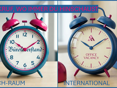 Bild mit Schild "Office Vacancy" und der Überschrift: Weckruf, wo immer du hinschaust – ein Aufruf zum Umdenken bei leerstehenden Büroflächen.