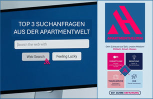 Grafik im Suchmaschinen-Layout mit der Überschrift "Top 3 Suchanfragen aus der Apartmentwelt" und den Serviceleistungen der APARTMENTHELDEN.