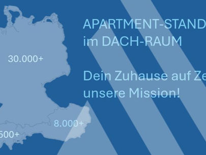 Infografik der APARTMENTHELDEN zeigt eine Karte des DACH-Raums mit Apartment-Standorten: 30.000+ in Deutschland, 8.000+ in Österreich und 4.500+ in der Schweiz. Text: „Dein Zuhause auf Zeit, unsere Mission!“