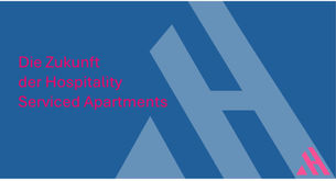 Blauer Hintergrund mit einem großflächigen, hellblauen Logo-Symbol der Apartmenthelden. Im Vordergrund steht der pinkfarbene Text: „Die Zukunft der Hospitality - Serviced Apartments“.