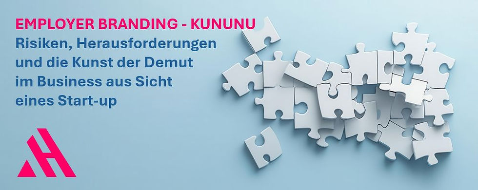Titelgrafik zum Thema "Employer Branding – Kununu". Links steht der Text: „Risiken, Herausforderungen und die Kunst der Demut im Business aus Sicht eines Start-up“. Daneben sind weiße Puzzleteile auf hellblauem Hintergrund verteilt. Unten links das stilisierte rote Logo der APARTMENTHELDEN.