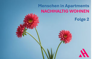Drei rosa Gerbera-Blumen auf blauem Hintergrund mit Text 'Menschen in Apartments – Nachhaltig Wohnen, Folge 2', Fokus auf nachhaltiges Wohnen in Apartments.