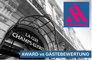 Schwarzweißaufnahme eines architektonisch renommierten Apartmenthauses mit dem Hinweis „Award vs Gästebewertung“ und APARTMENTHELDEN-Logo – Designpreise im Kontrast zum realen Gästeerlebnis.