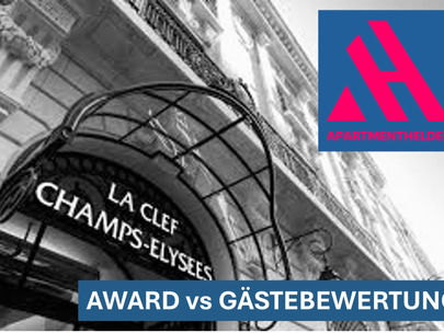 Schwarzweißaufnahme eines architektonisch renommierten Apartmenthauses mit dem Hinweis „Award vs Gästebewertung“ und APARTMENTHELDEN-Logo – Designpreise im Kontrast zum realen Gästeerlebnis.