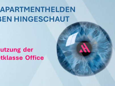 Blaues Auge mit APARTMENTHELDEN-Logo in der Pupille und Schriftzug „Die APARTMENTHELDEN haben hingeschaut – Umnutzung der Assetklasse Office“.