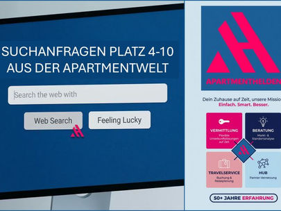 Grafik im Suchmaschinen-Stil mit der Überschrift "Suchanfragen Platz 4-10 aus der Apartmentwelt" und den Serviceleistungen der APARTMENTHELDEN.