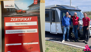 Zweiteilige Abbildung: Links ein Zertifikat für ein Fahrsicherheitstraining für Wohnmobile vom 13.04.2025, ausgestellt auf Ralph Herzberg. Das Zertifikat zeigt ein rotes Sportauto auf einer Rennstrecke und das Logo von AvD (Automobilclub von Deutschland). Rechts ein Foto von drei Männern, die vor einem Wohnmobil stehen. Sie tragen blaue und rote Shirts und posieren gemeinsam für das Foto.