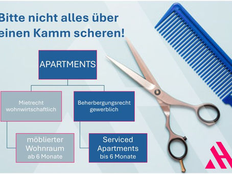 Eine Schere und ein Kamm liegen neben einem Diagramm, das die verschiedenen Arten von Apartments und ihre rechtlichen Unterschiede aufzeigt.