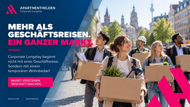 APARTMENTHELDEN: Menschen mit Umzugskartons in einer Stadt. Mehr als Geschäftsreisen. Ein ganzer Markt. Corporate Longstay beginnt mit temporärem Wohnbedarf.