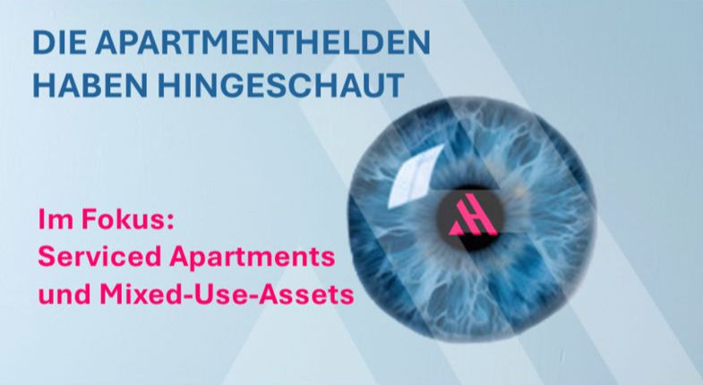 Grafik mit blauem Hintergrund und einer stilisierten, blauen Iris, in deren Zentrum das pinke APARTMENTHELDEN-Logo zu sehen ist. Links steht der Text: „DIE APARTMENTHELDEN HABEN HINGESCHAUT – Im Fokus: Serviced Apartments und Mixed-Use-Assets“. Die Darstellung symbolisiert den analytischen Blick der APARTMENTHELDEN auf aktuelle Markttrends.