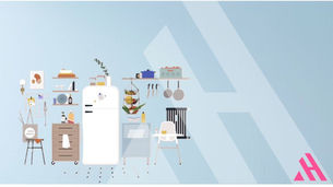 Illustrierte Darstellung einer kompakten Apartment-Küche mit weißem Kühlschrank, Wandregalen, Utensilien und einem Rollwagen auf hellblauem Hintergrund mit dezentem APARTMENTHELDEN-Logo.
