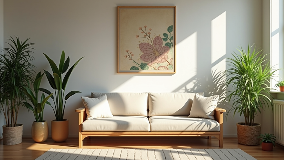 Close-up view of a therapist’s office with culturally significant art and plants