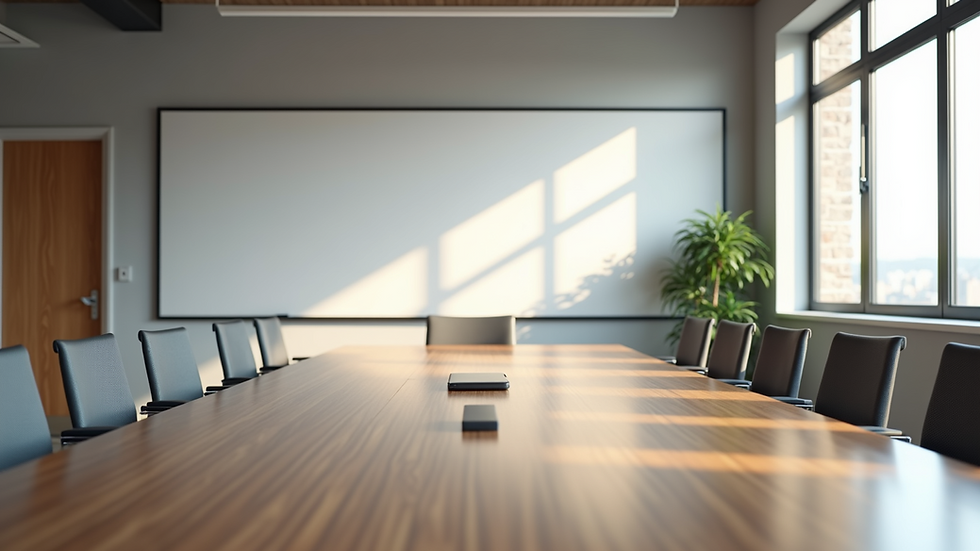 High angle view of an empty meeting room with whiteboard