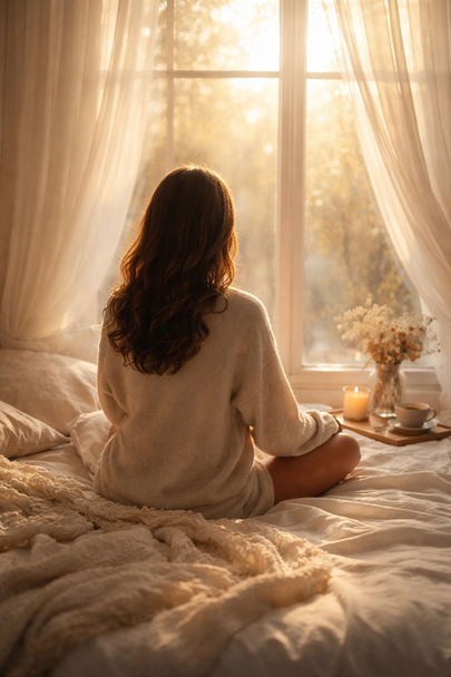 A woman with long wavy brown hair sits in meditation pose on a sunlit bed, facing a bright window with sheer curtains. She wears a cozy cream sweater and is surrounded by soft bedding, a lit candle, a cup of tea, and dried flowers — creating a peaceful, warm atmosphere of quiet reflection and gentle presence.