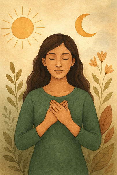 A woman with her hands on her chest.
