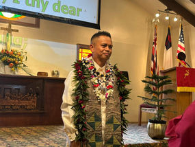Ulysses Pacil with lei at Maui Evangelical Church