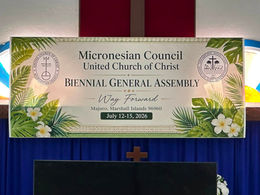Banner at Micronesian Council United Church of Christ Biennial General Assembly July 12-15, 2026 in Majuro