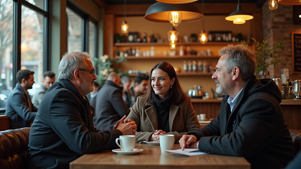 Eye-level view of a cozy coffee shop interior with people engaged in conversation