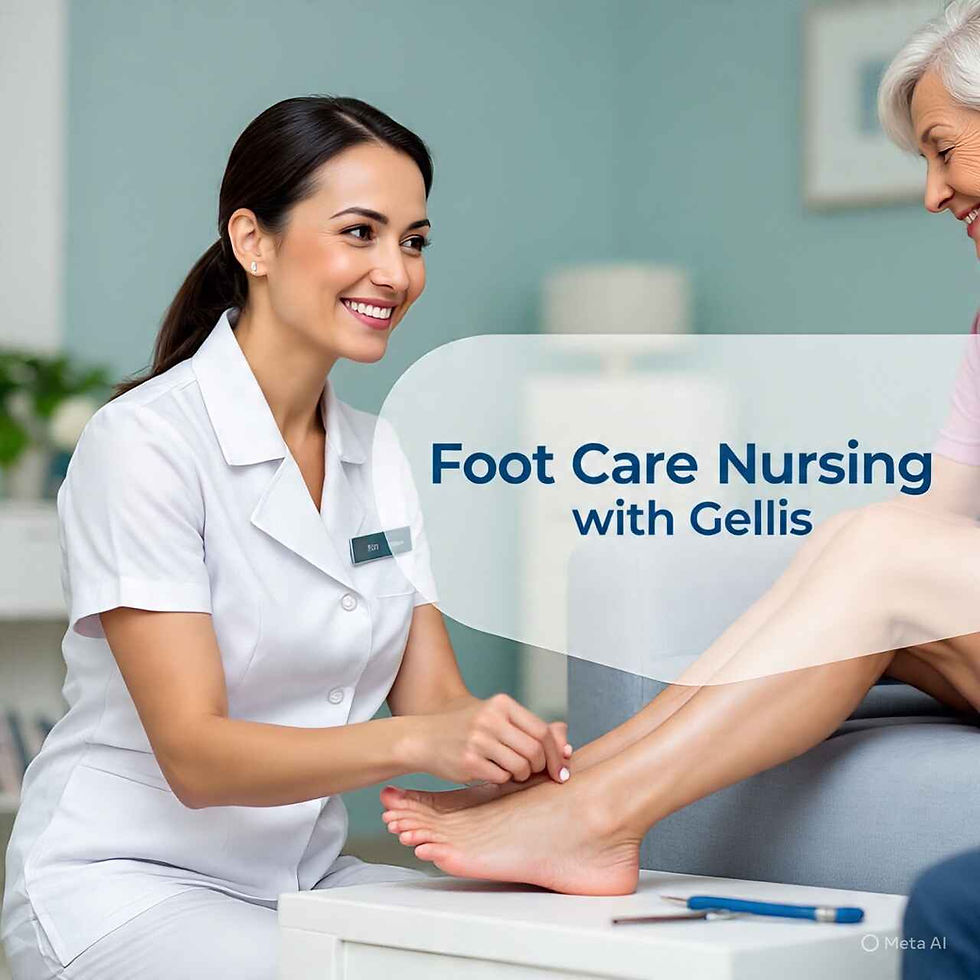 A nurse smiles while giving foot care service to a senior