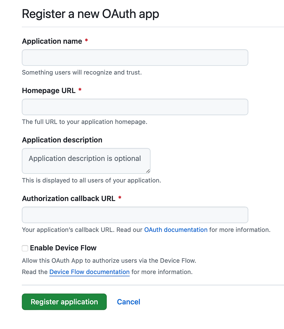 GitHub new OAuth app registration page