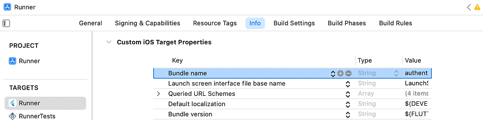 Xcode info tab