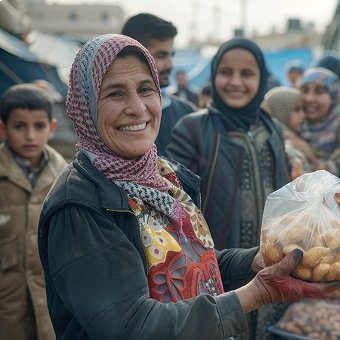 Smiling woman in headscarf holds food, children behind