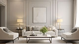 Contemporary living room with sofa, armchairs, and coffee table