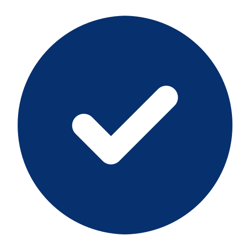 Black check mark icon inside a blue circle.