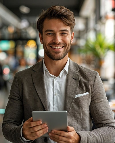 Smiling man holding a tablet