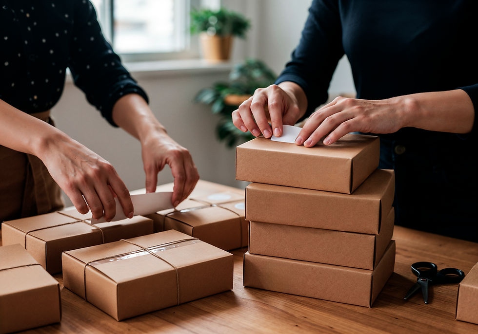 Hands packaging small brown product boxes