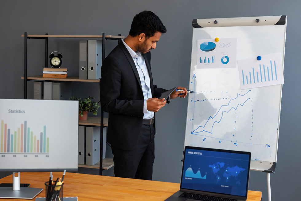 A businessman presenting data charts on a flip chart.