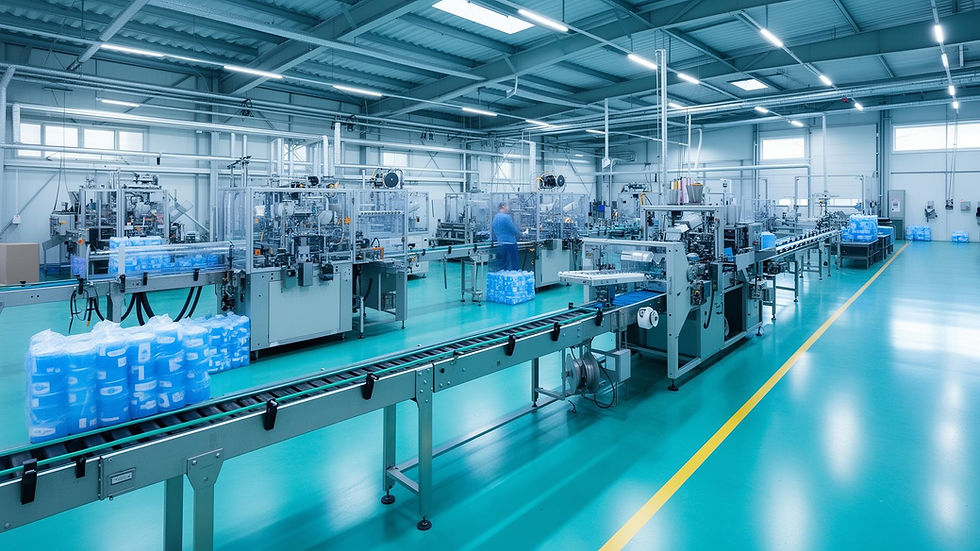Automated factory with products moving on a conveyor belt